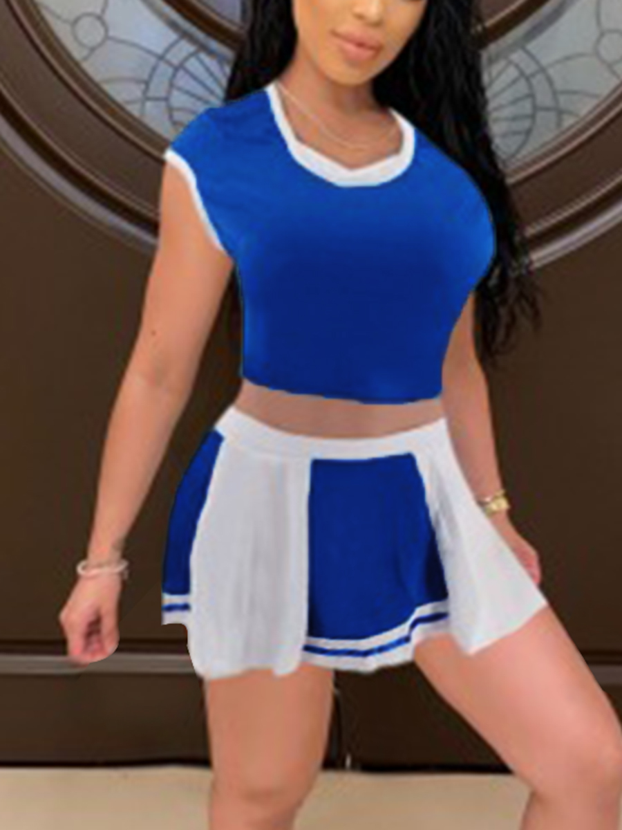 LW Pleated Patchwork Skirt Set, Peacock blue