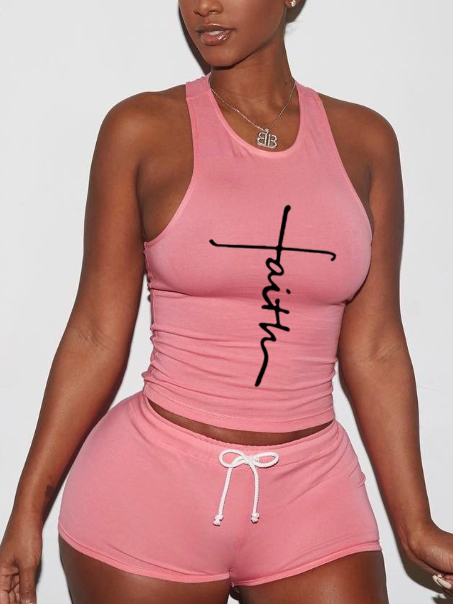 

LW Faith Letter Print Drawstring Shorts Set, Pink