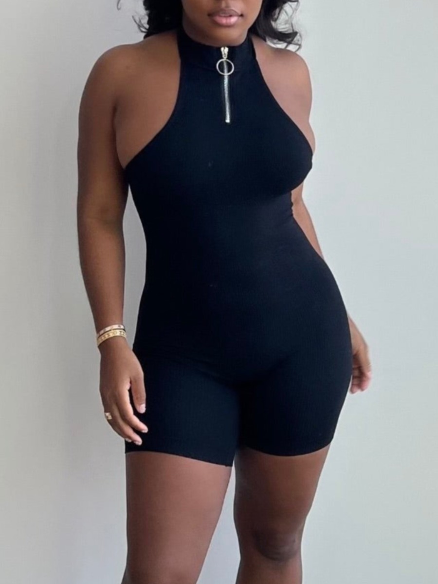 

LW Zipper Design Skinny Romper, Black