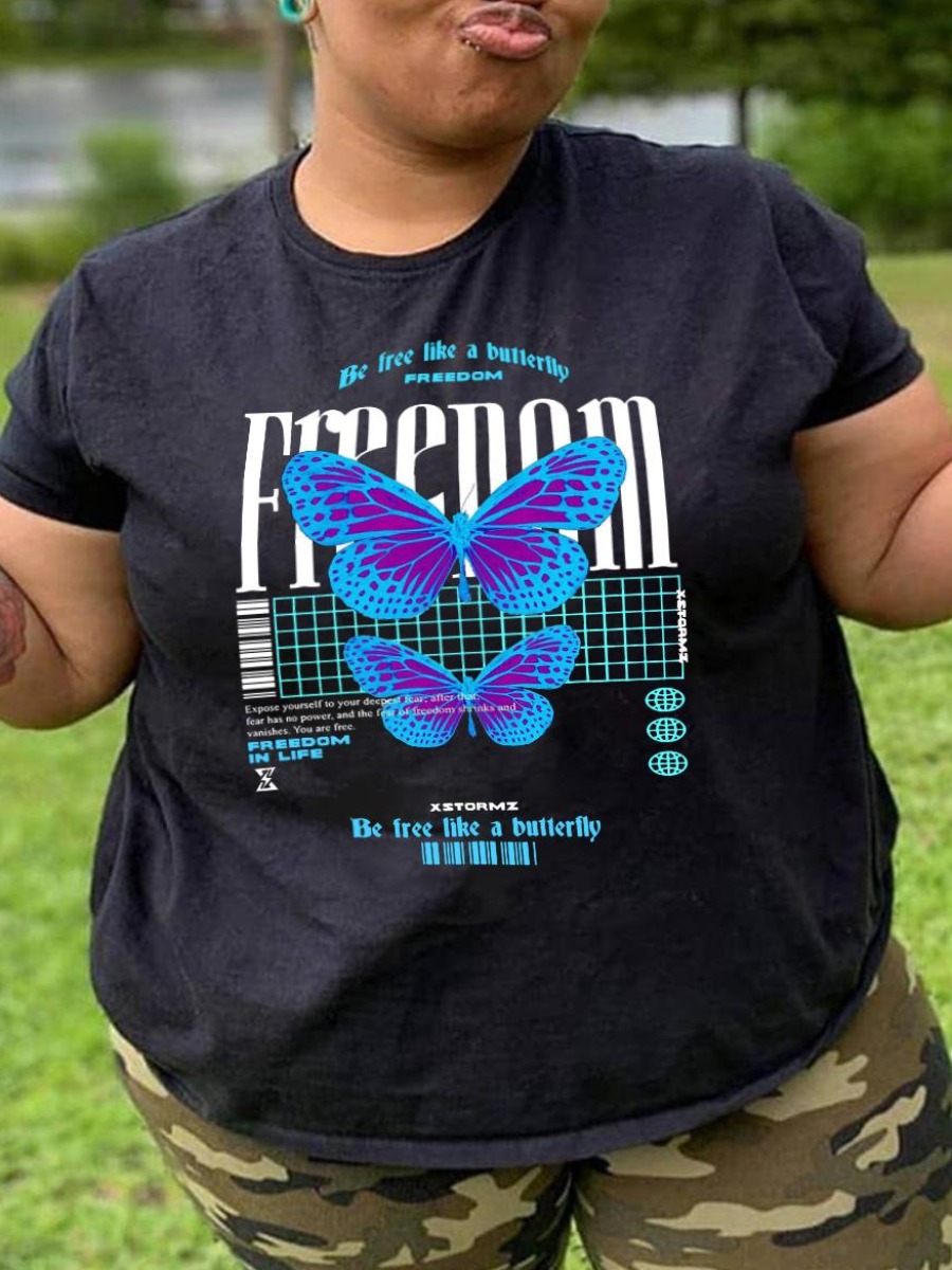 

LW Plus Size Butterfly Letter Print T-shirt, Black