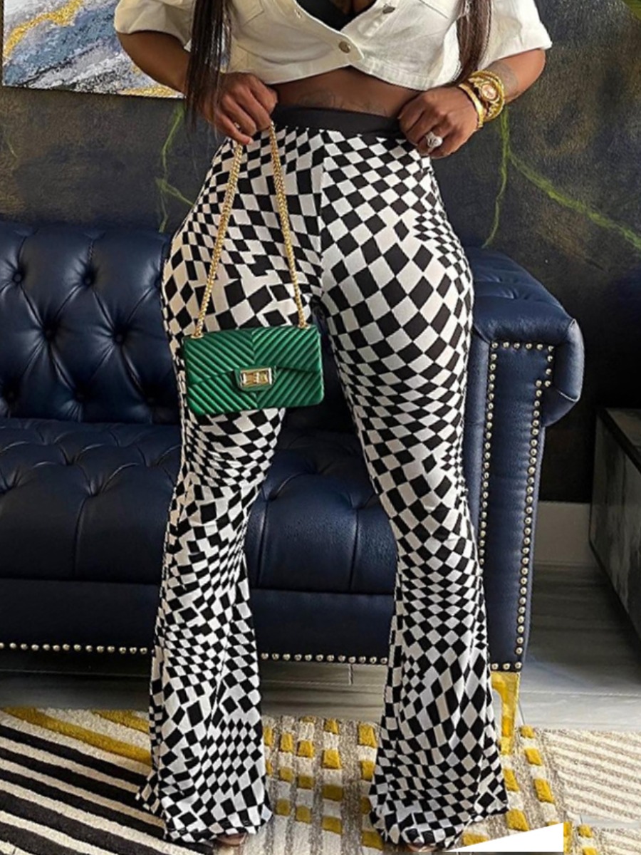 

LW Plaid Print Flared Pants, Black and white