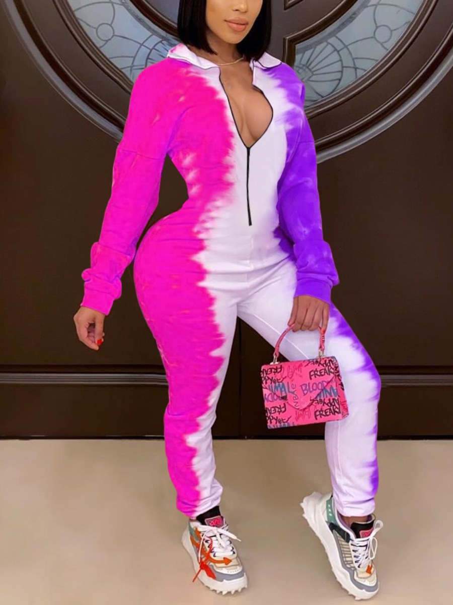 

LW COTTON Tie-dye Zipper Design Jumpsuit, Pink