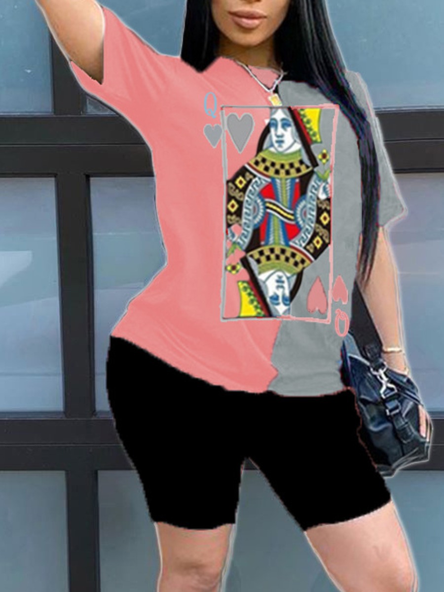 

LW Poker Letter Print T-shirt, Pink