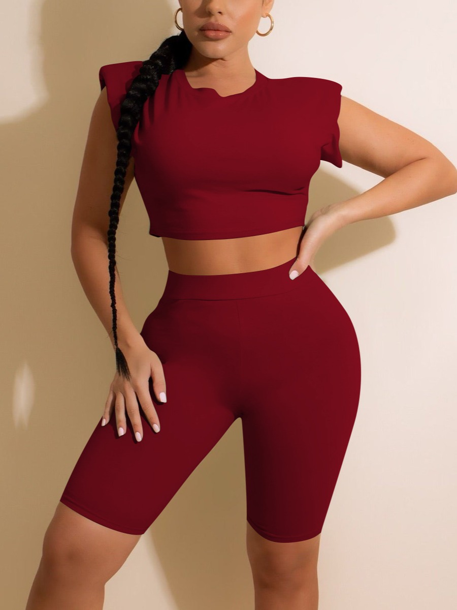 

LW Round Neck Crop Top Shorts Set, Wine red