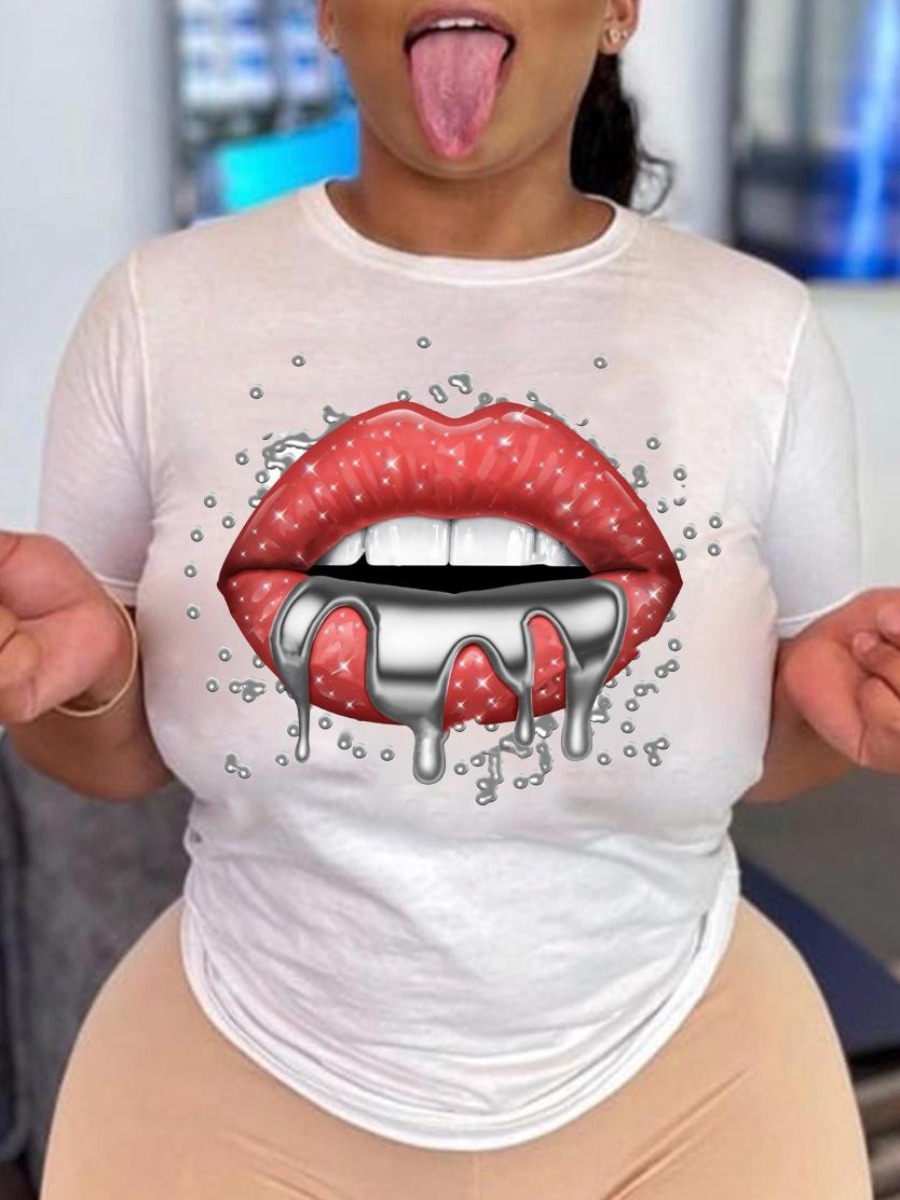 

LW Plus Size Round Neck Lip Print T-shirt, White