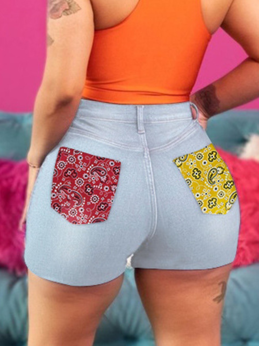 

LW Cashew Print Raw Edge Denim Shorts, Baby blue