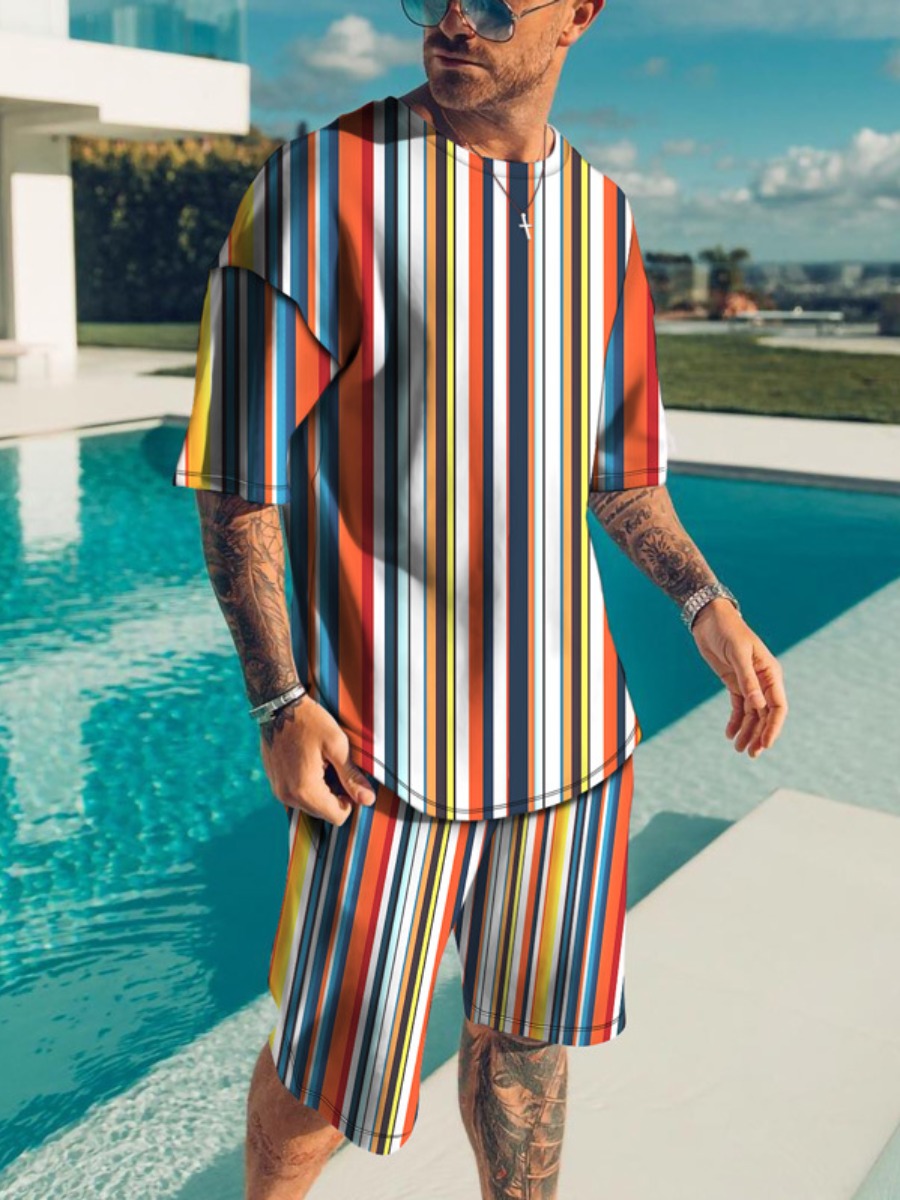 

LW Men Round Neck Striped Shorts Set, Orange stripes