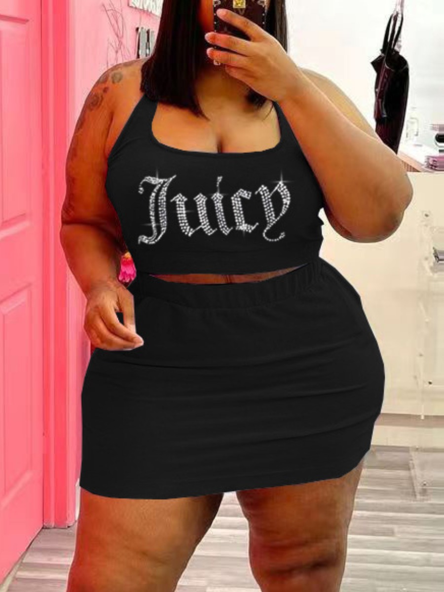 LovelyWholesale Plus Size Rhinestone Letter Decor Skirt Set Summer Sleeveless Casual Hot Drilling U Neck  5X Spring Summer 2024