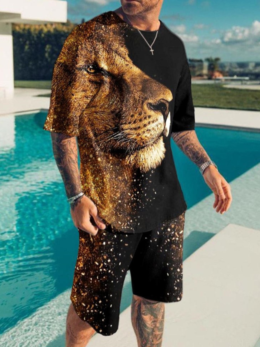 

LW Men Round Neck Animal Print Shorts Set, Golden yellow