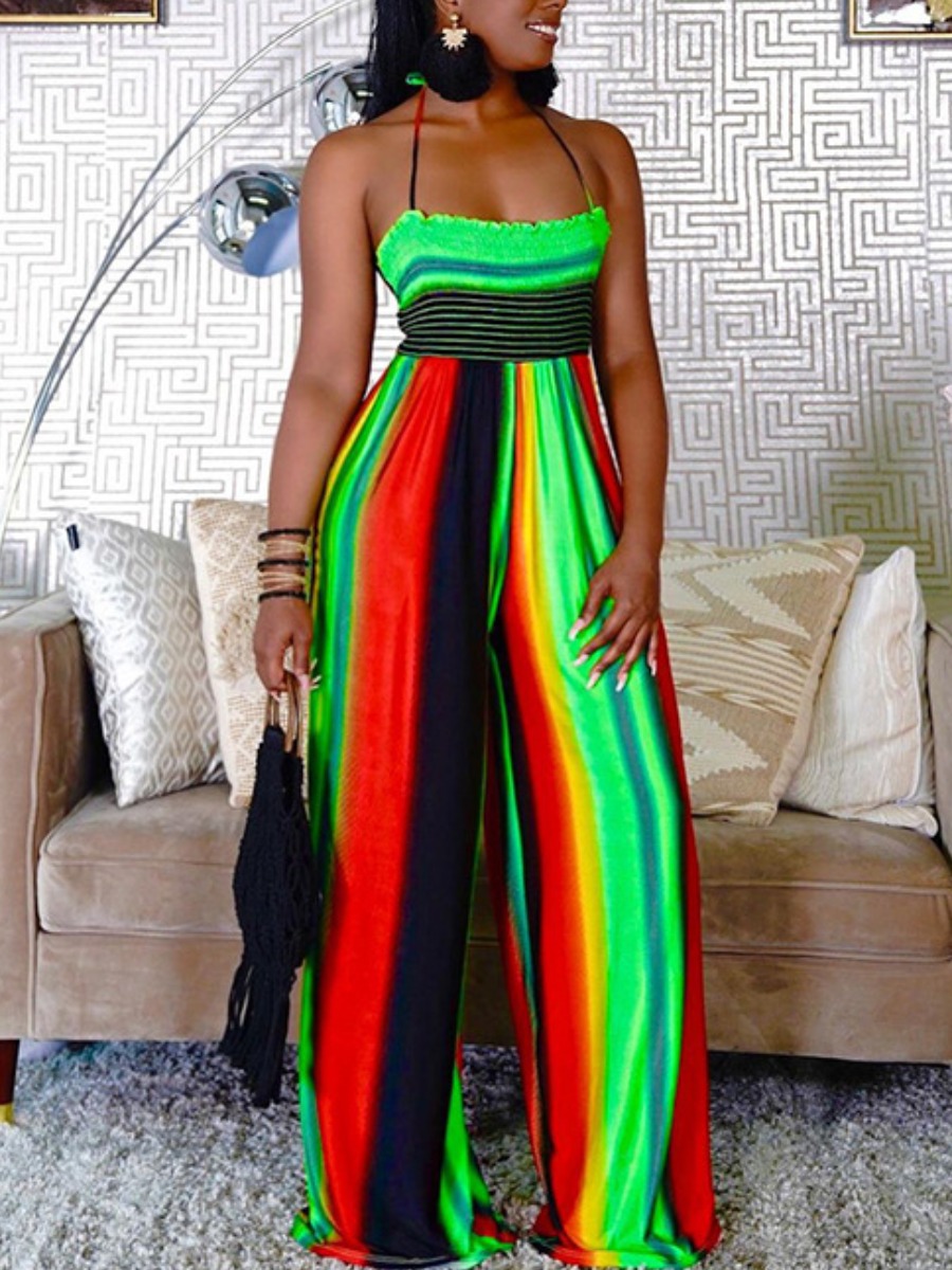 

LW Plus Size Rainbow Striped Wide Leg Jumpsuit, Green