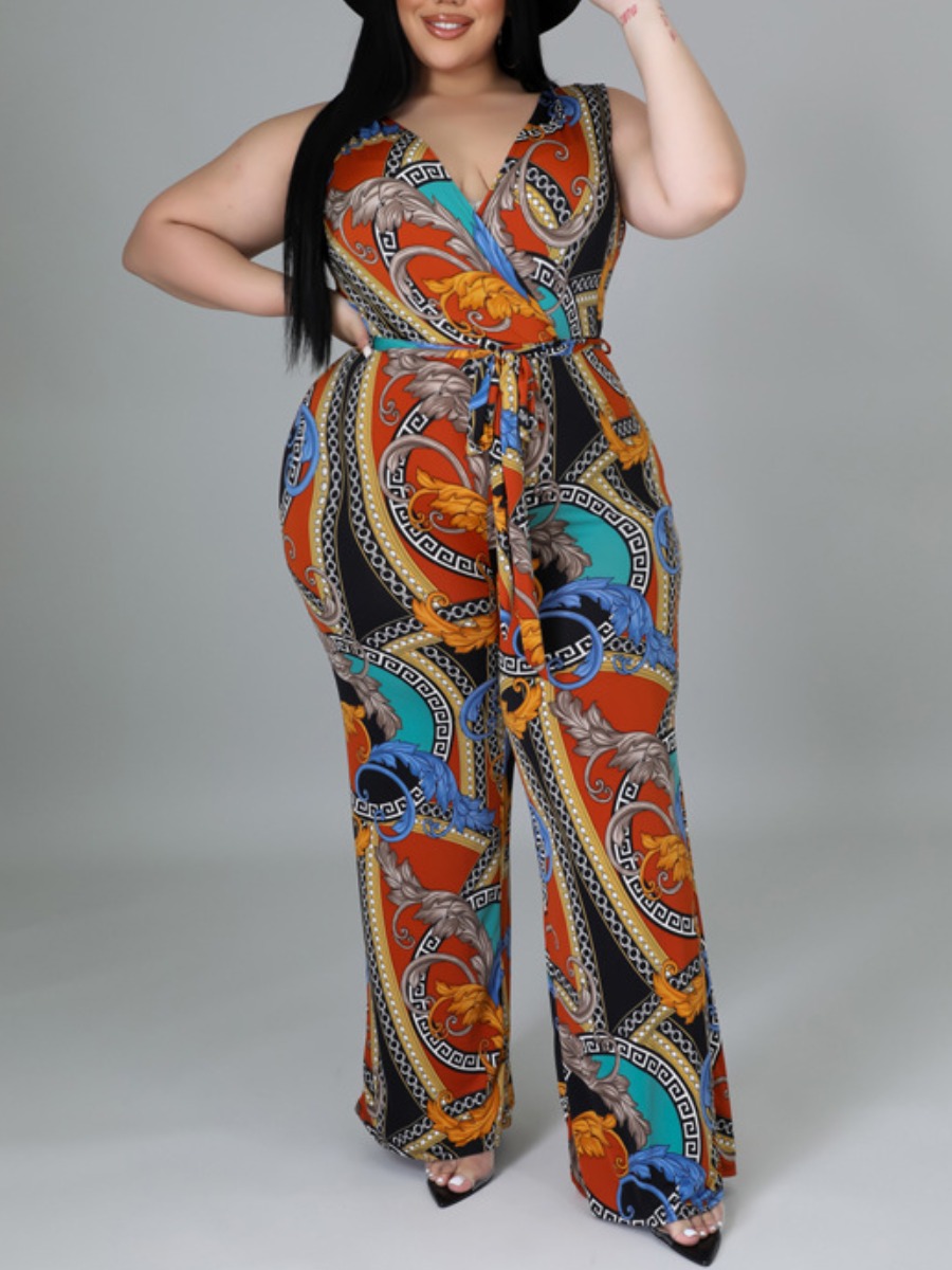 

LW SXY Plus Size Mixed Print Regular Fit Jumpsuit, Red