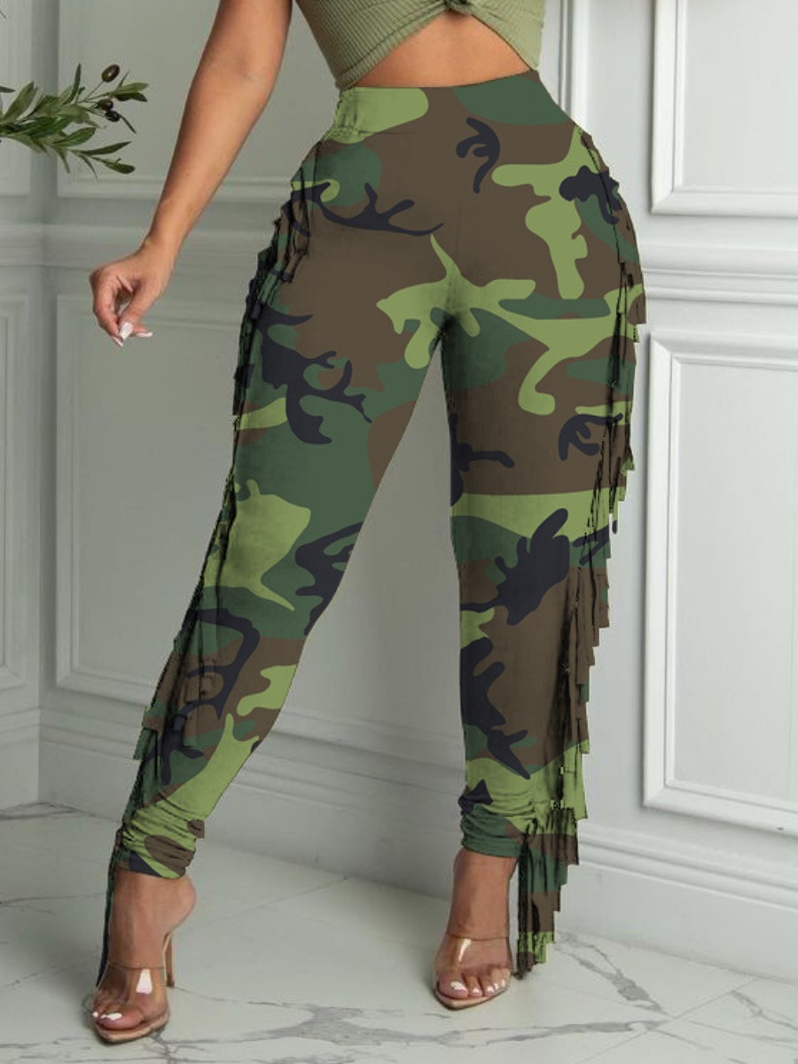 LW Camo Print Tassel Design Pants, Army green camouflag