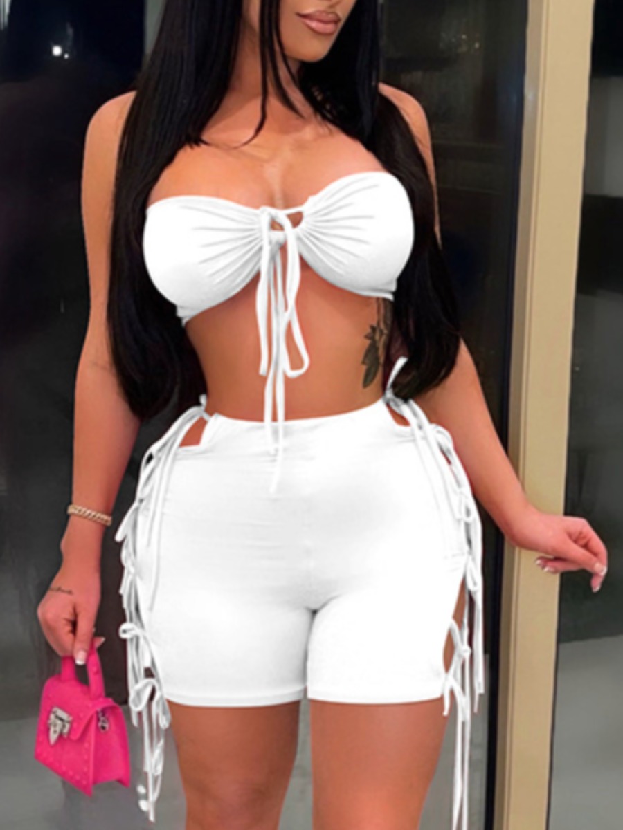 

LW SXY Bandage Hollow-out Design Shorts Set, White
