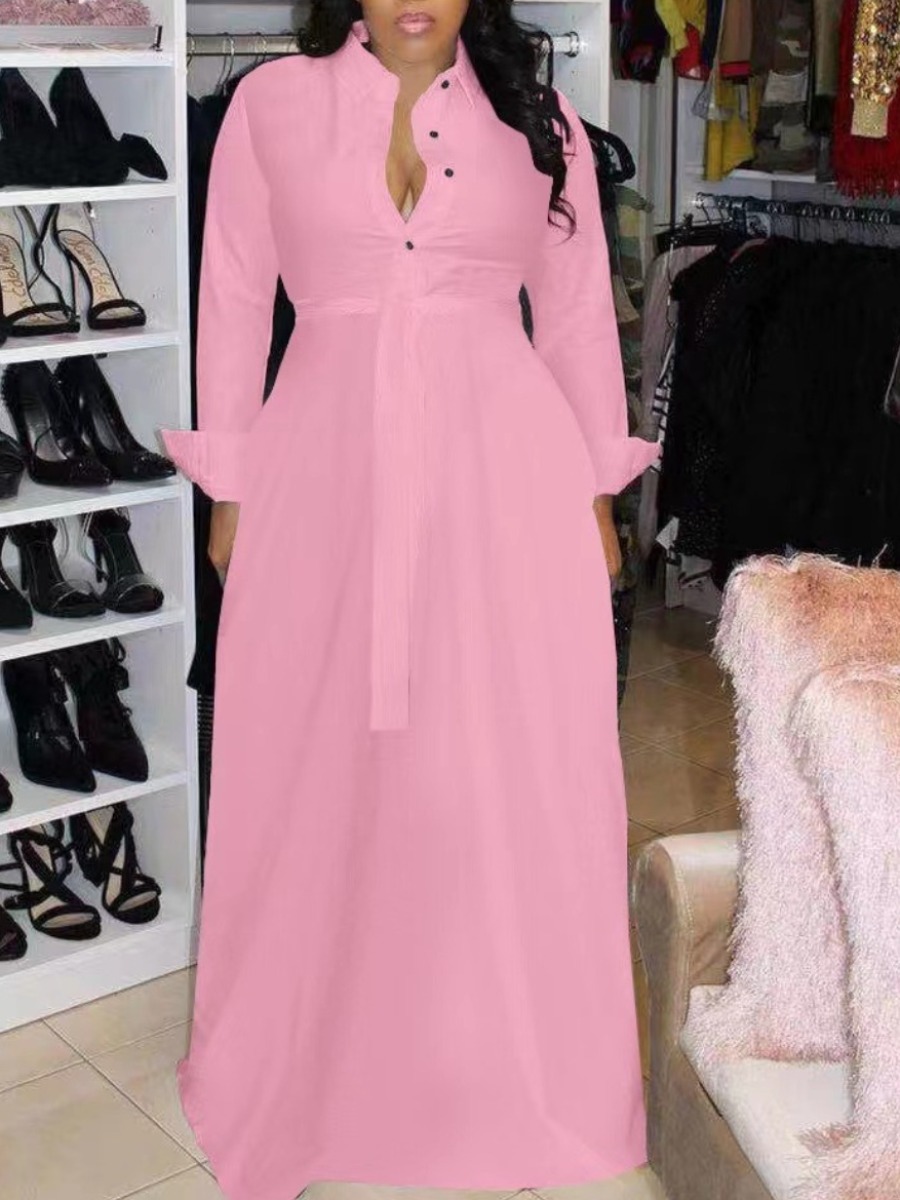 

LW Polyester Button Design Solid Shirt Dress, Pink
