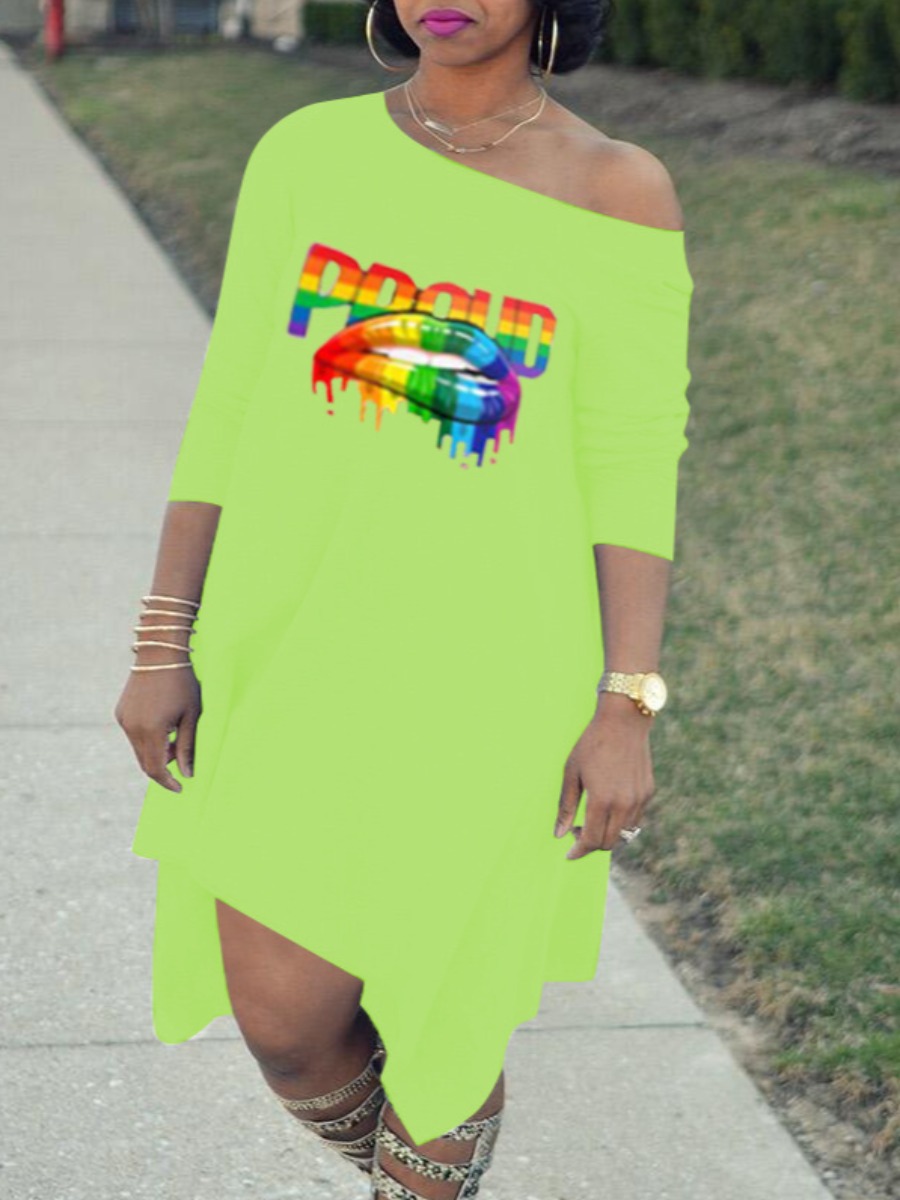 

LW Lip Letter Print Loose Dress, Grass green