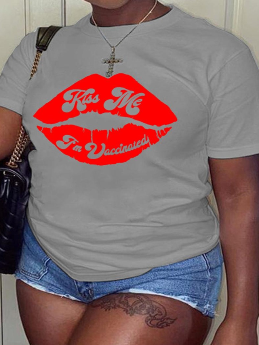 

LW Plus Size Letter Lip Print T-shirt, Grey