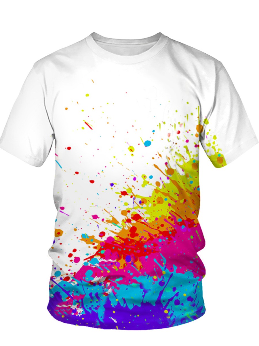 

LW Men Round Neck Splash-ink T-shirt, White