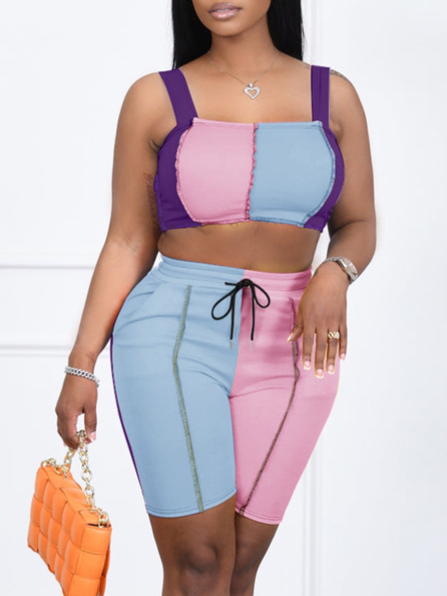 

LW Line Stitching Drawstring Shorts Set, Baby blue
