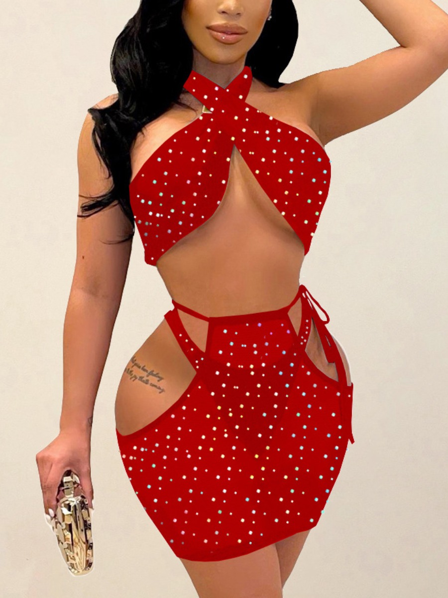 

LW Dot Print See-through Three-piece Skirt Set, Red