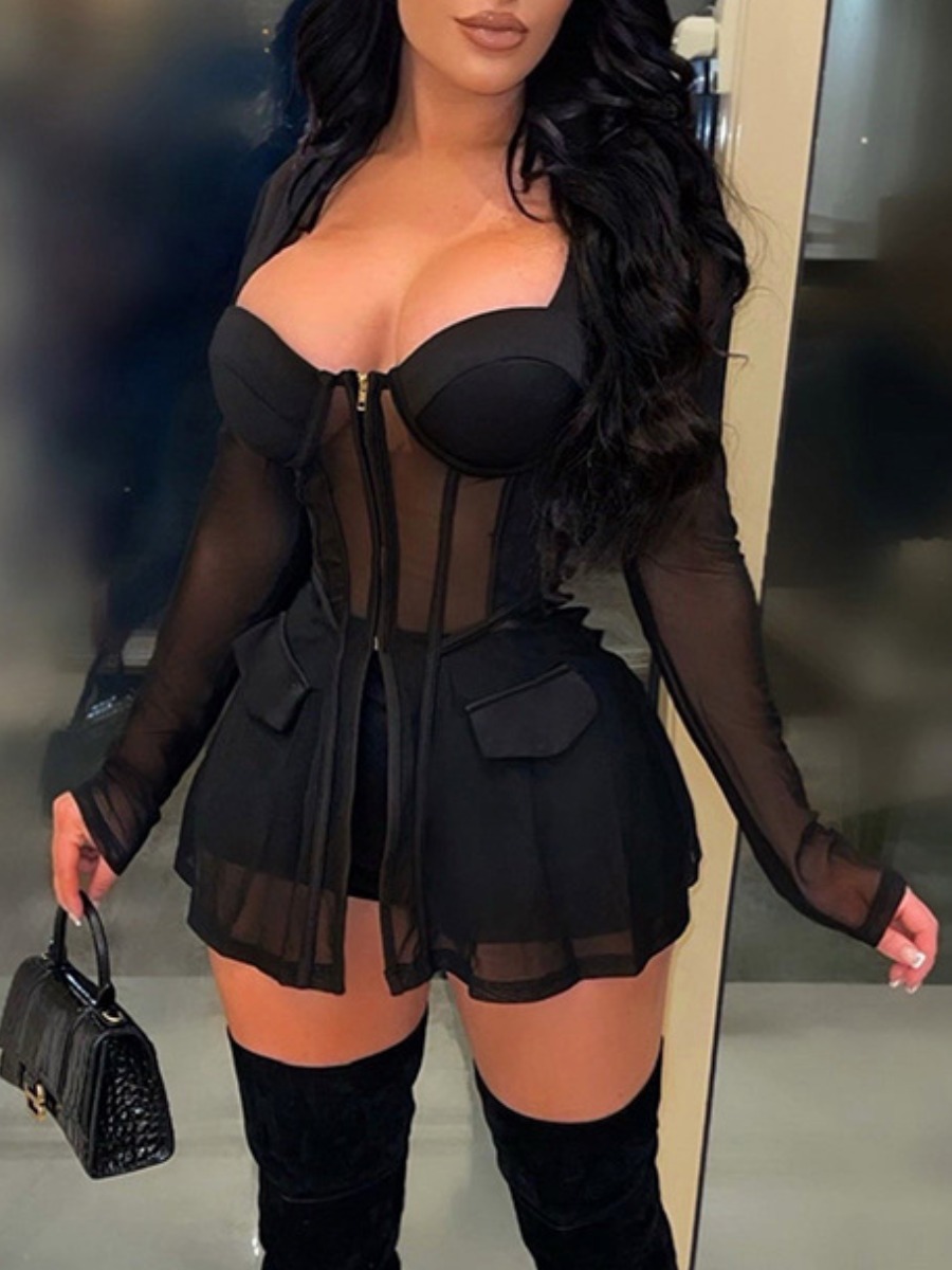 LW SXY Zipper Design See-through Shorts Set
