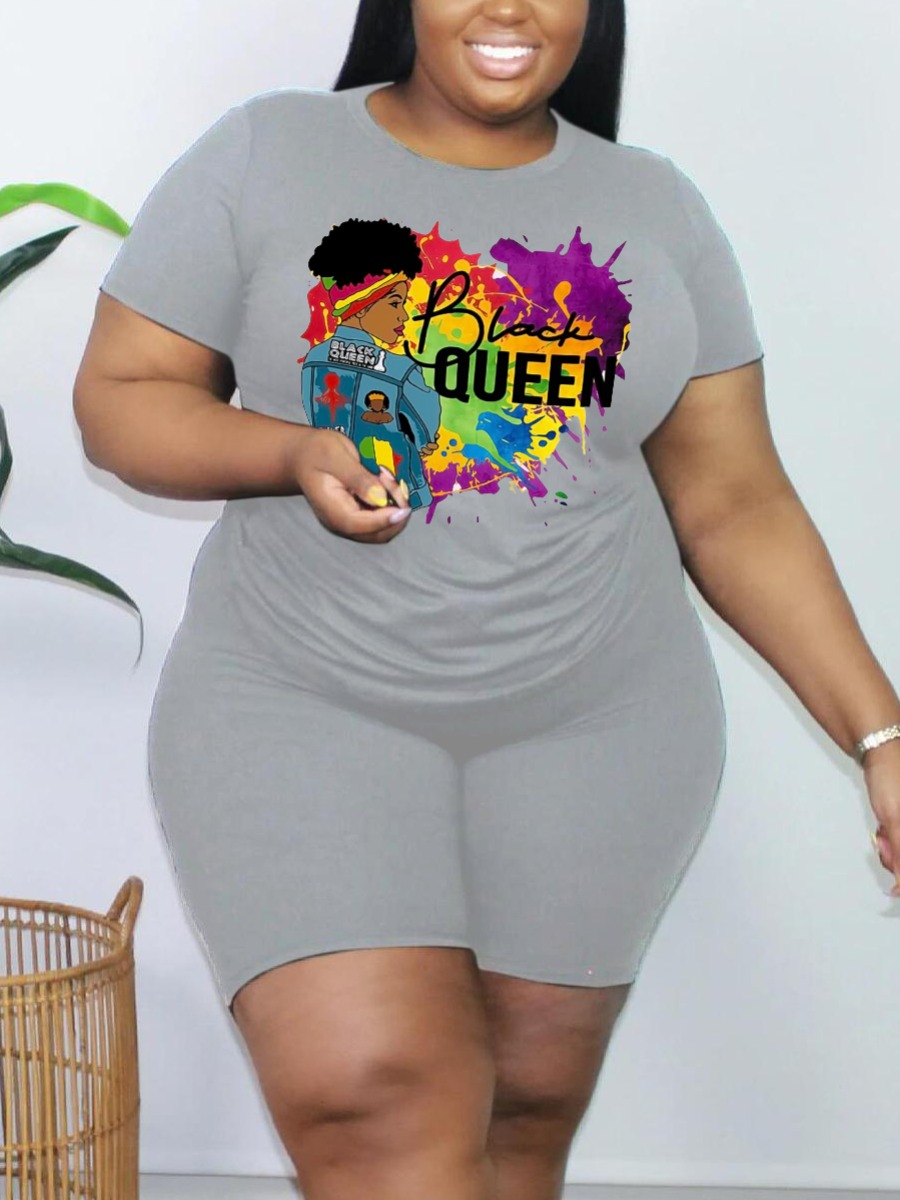 

LW Plus Size Figure Queen Print Shorts Set, Light grey