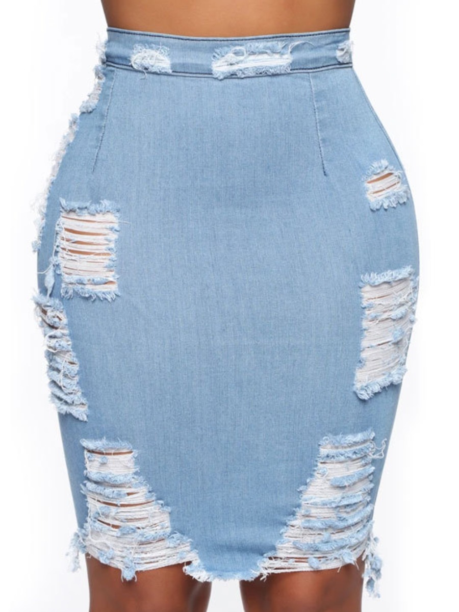 

LW Ripped Raw Edge Stretchy Denim Skirt, Baby blue