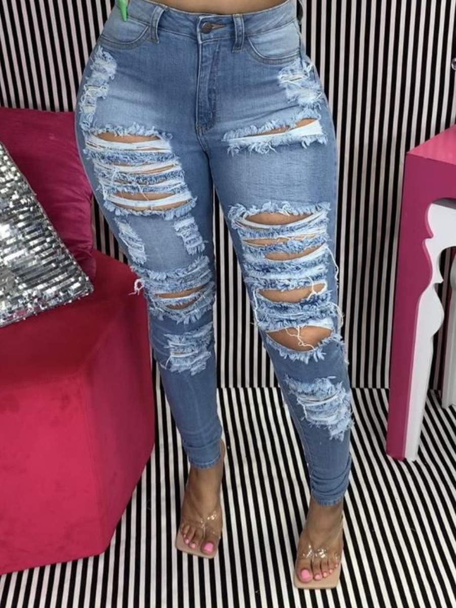 

LW Mid Waist Ripped Jeans, Blue