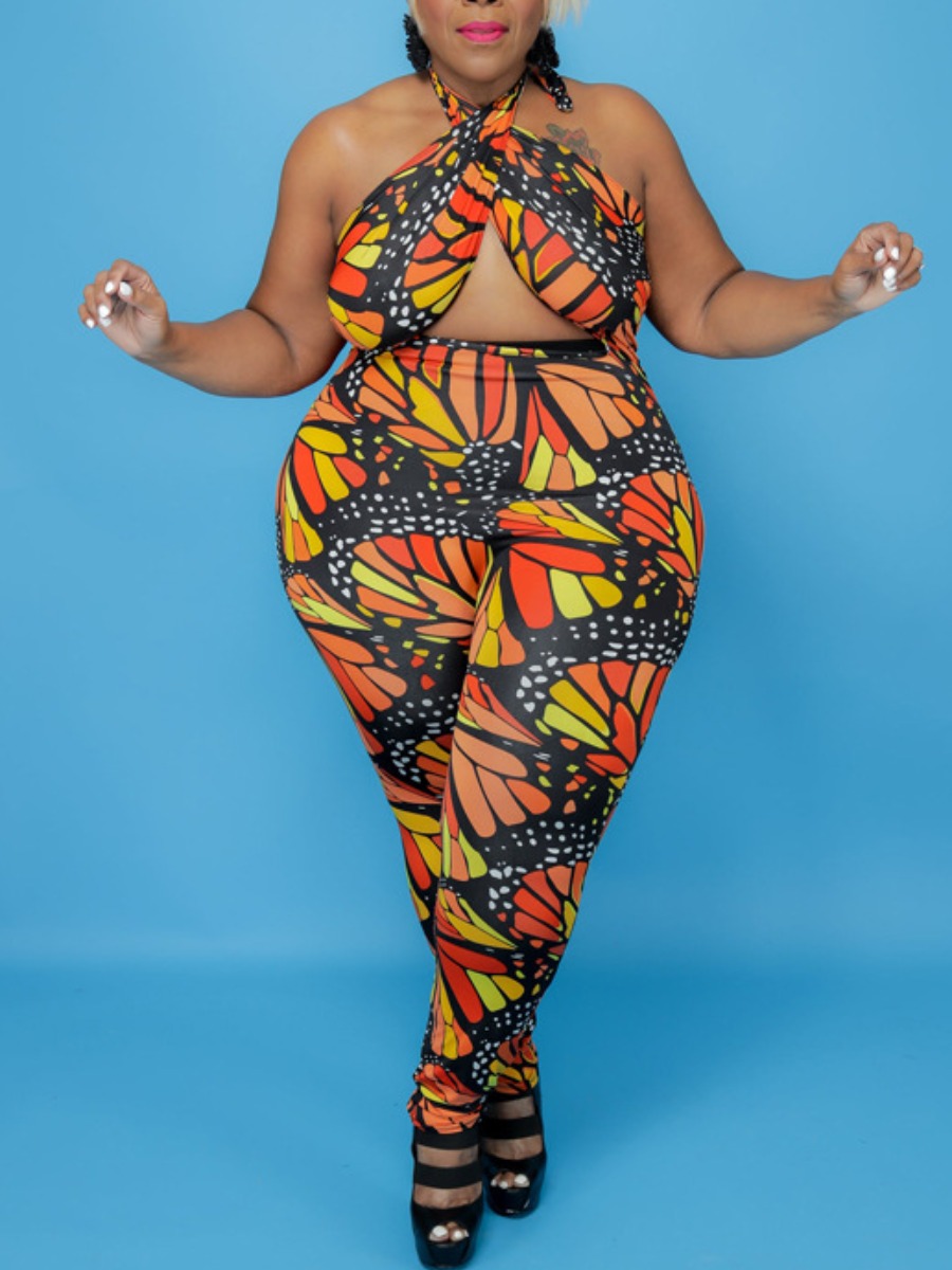 

LW SXY Plus Size Mixed Print Bandage Design Jumpsuit, Red