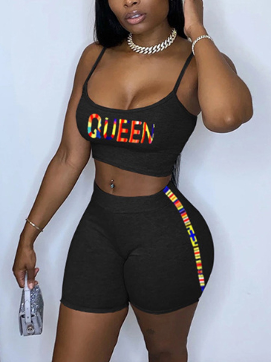 

LW SXY Queen Letter Print Striped Shorts Set, Black