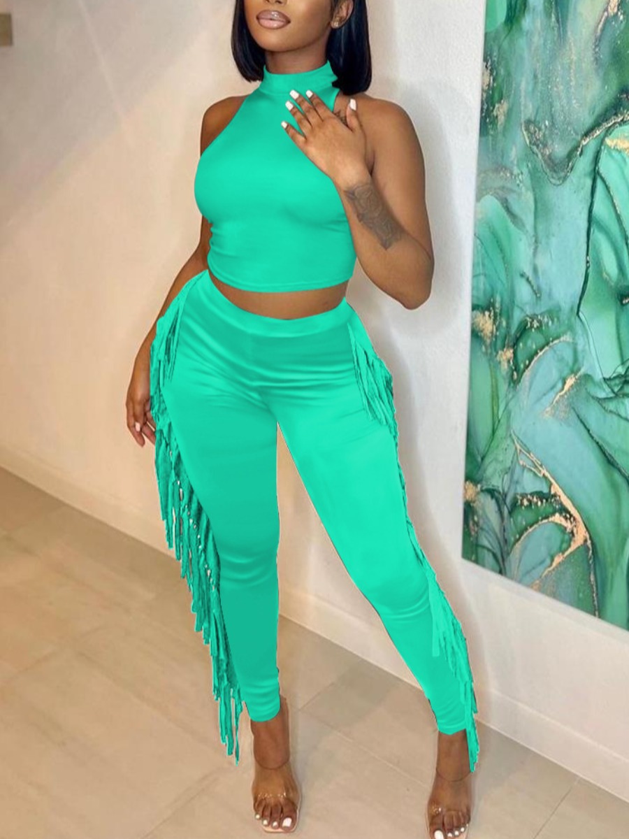 

LW Tassel Design Skinny Pants Set, Green