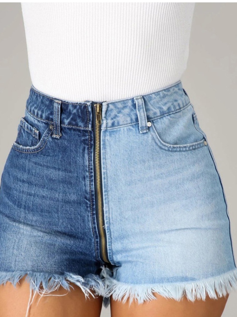 LW Raw Edge Patchwork Denim Shorts, Baby blue