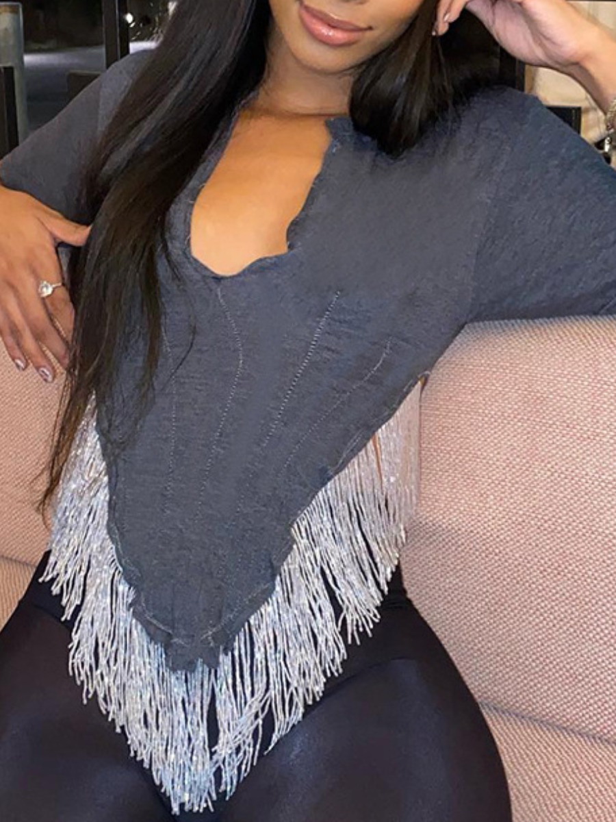 

LW Tassel Design Asymmetrical T-shirt, Dark grey