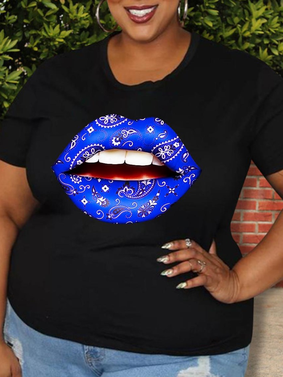 

LW Plus Size Cashew Lip Print T-shirt, Black