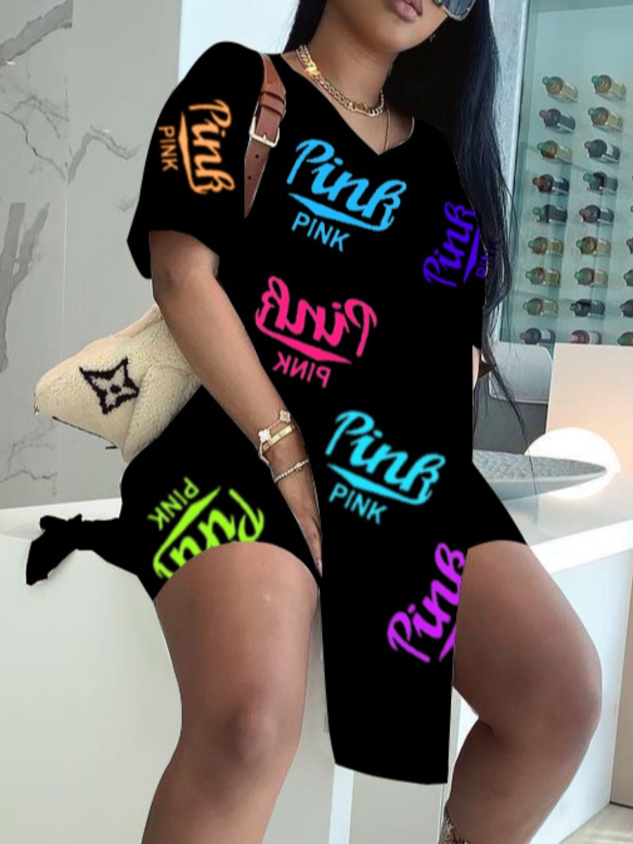 LW Pink Letter Print Split Shorts Set