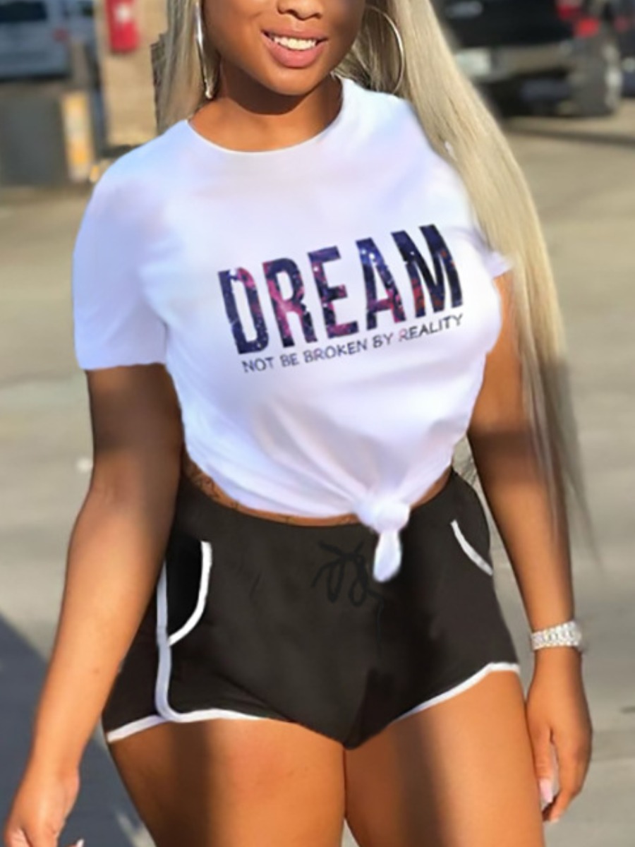 

LW Round Neck Letter Print Shorts Set, White