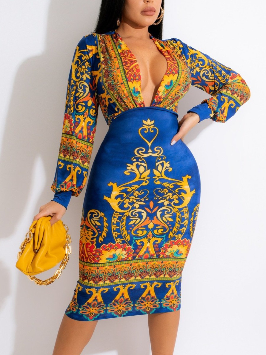 

LW V Neck Baroque Print Bodycon Dress, Blue