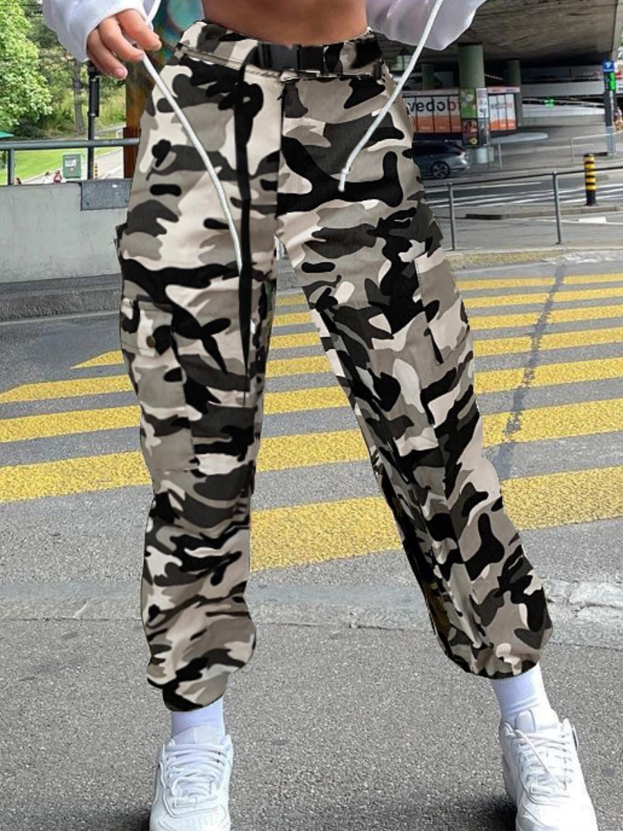 

LW Mid Waist Camo Print Side Pocket Pants, Greyish white