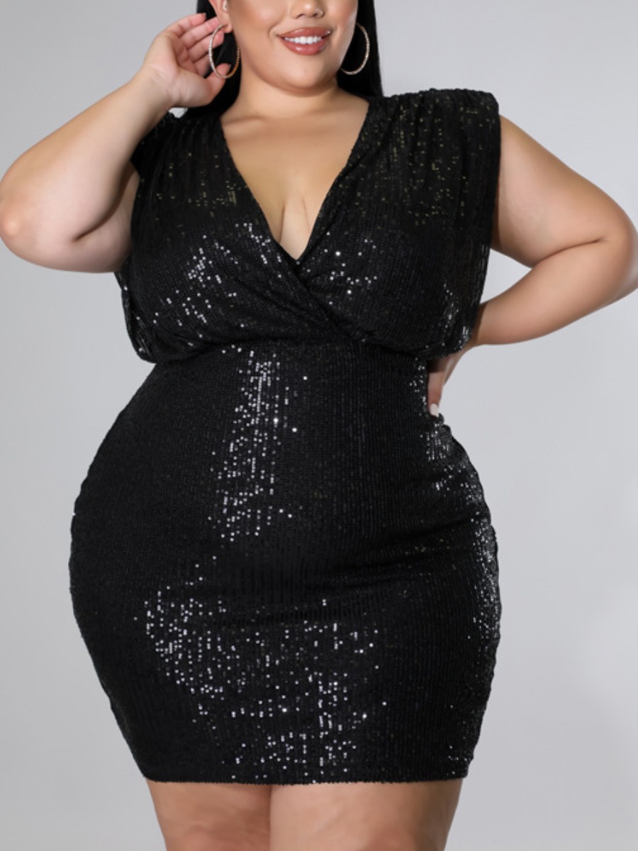 

LW SXY Plus Size Sequined Split Back Bodycon Dress, Black
