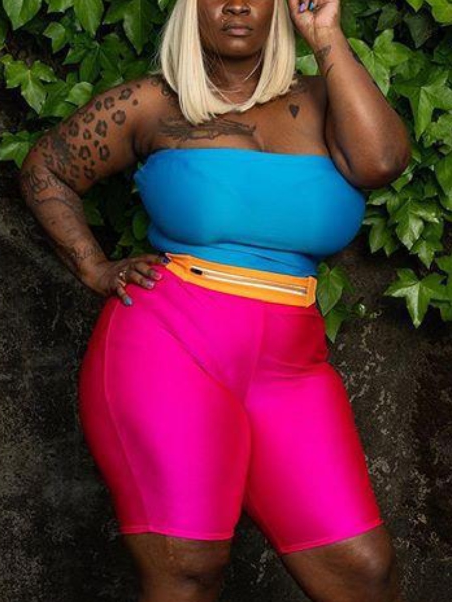 

LW Plus Size Off The Shoulder Skinny Shorts Set, Rose red