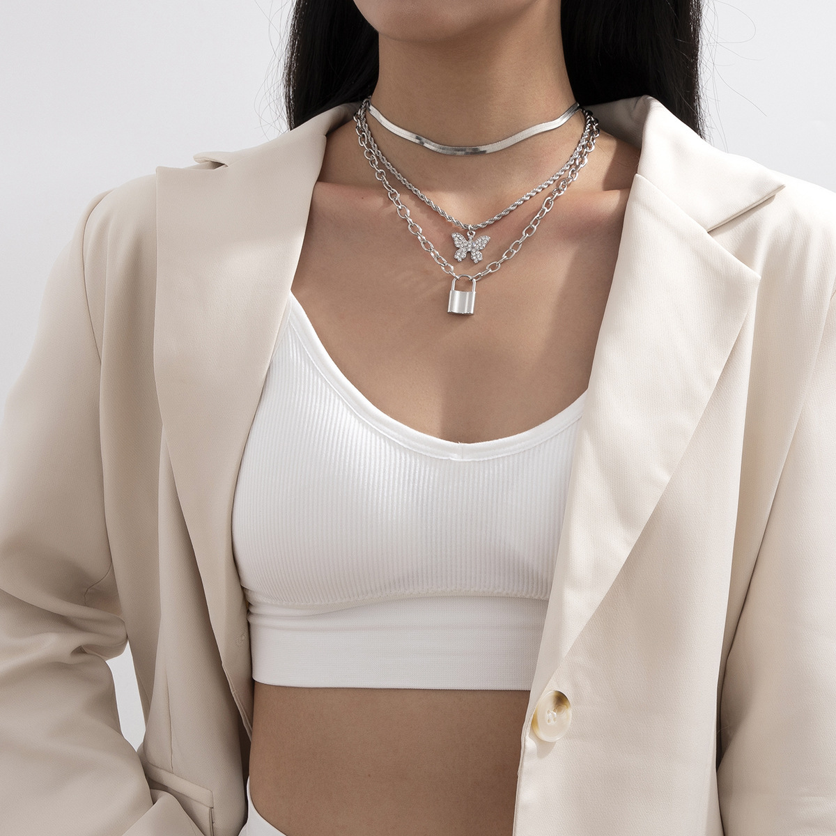 

LW Padlock Butterfly Multilayer Necklace, White