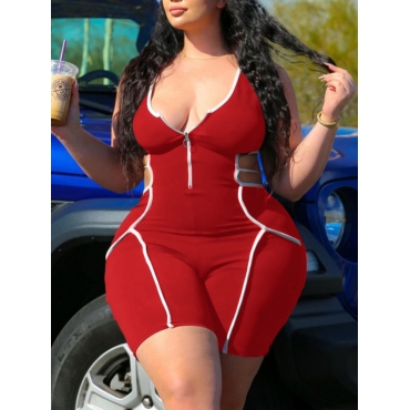 

Lovely Plus Size Street Striped Hollow-out Wine Red One-piece Romper