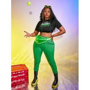 

LW Letter Print Crop Top Drawstring Pants Set, Green