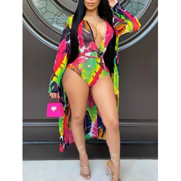 

LW V Neck Floral Print One-piece Swimsuit (With Cover-up), Multi