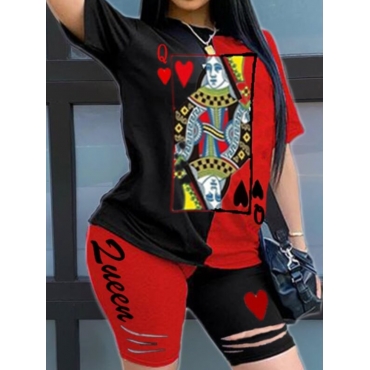 

LW Poker Face Print Ripped Shorts Set, Black