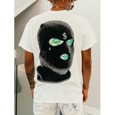 

LW Men Round Neck Masked Face Print T-shirt, White