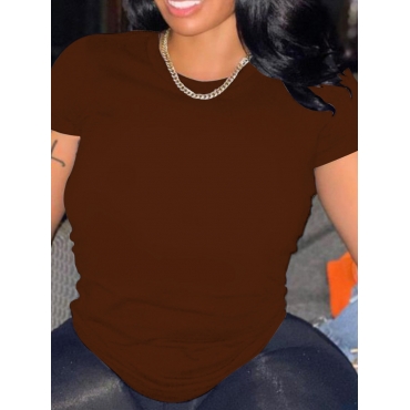 

LW Round Neck Solid Color Basic T-shirt, Brown