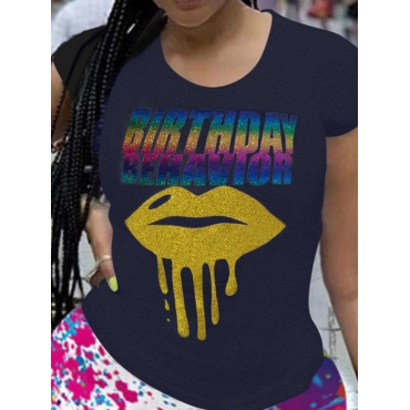 

LW Plus Size Lip Letter Print T-shirt, Black