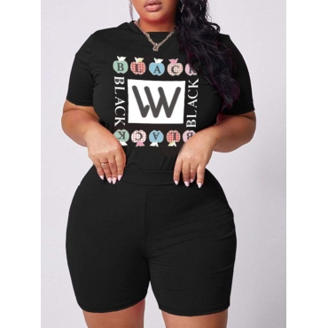 

LW Plus Size Letter Print Patchwork Shorts Set, Black