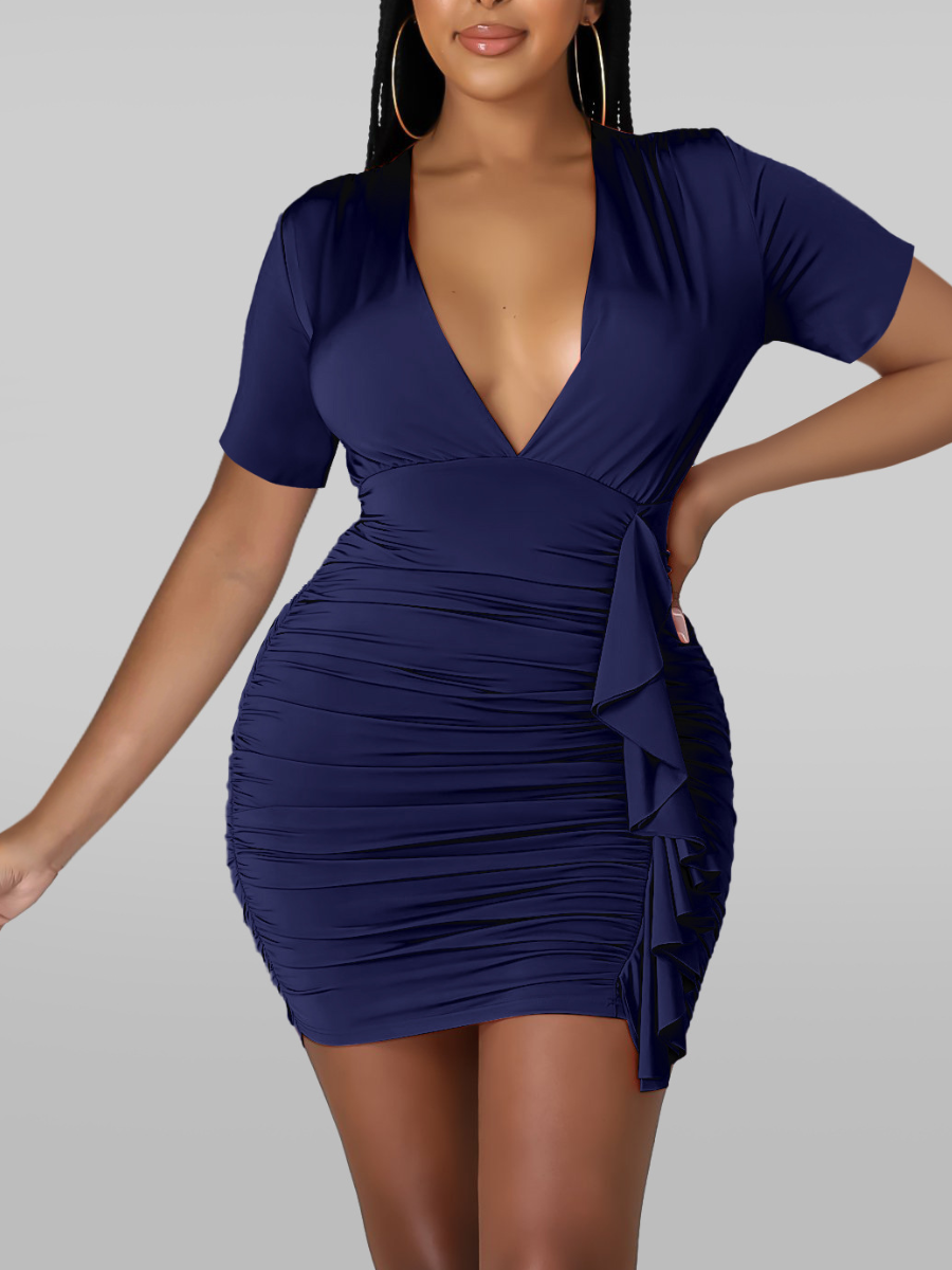 

LW V Neck Ruched Bodycon Dress, Blue