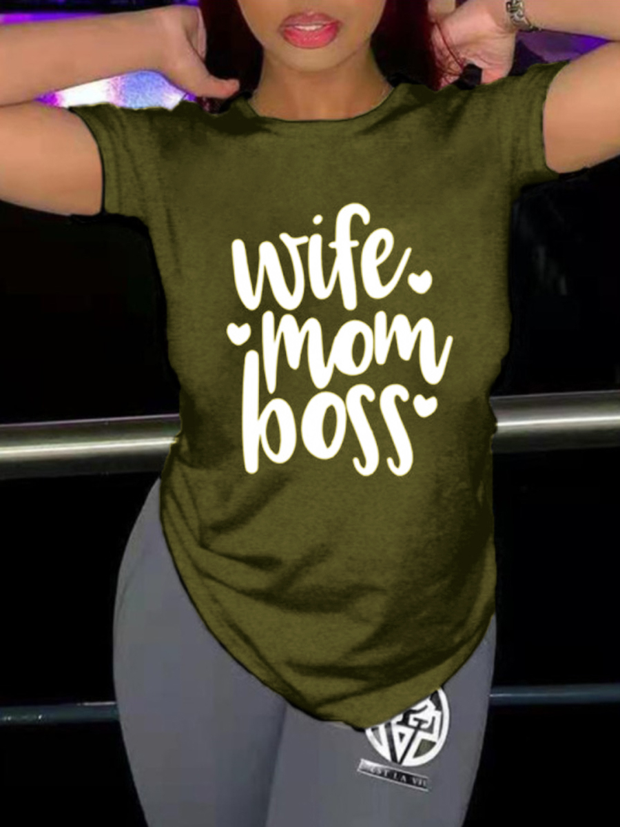 

LW Plus Size Heart Letter Print T-shirt, Army green